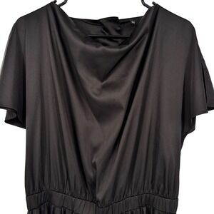 ENME Black Satin Cowl Neck Jumpsuit Short Flutter Sleeve Wide Leg Button Back